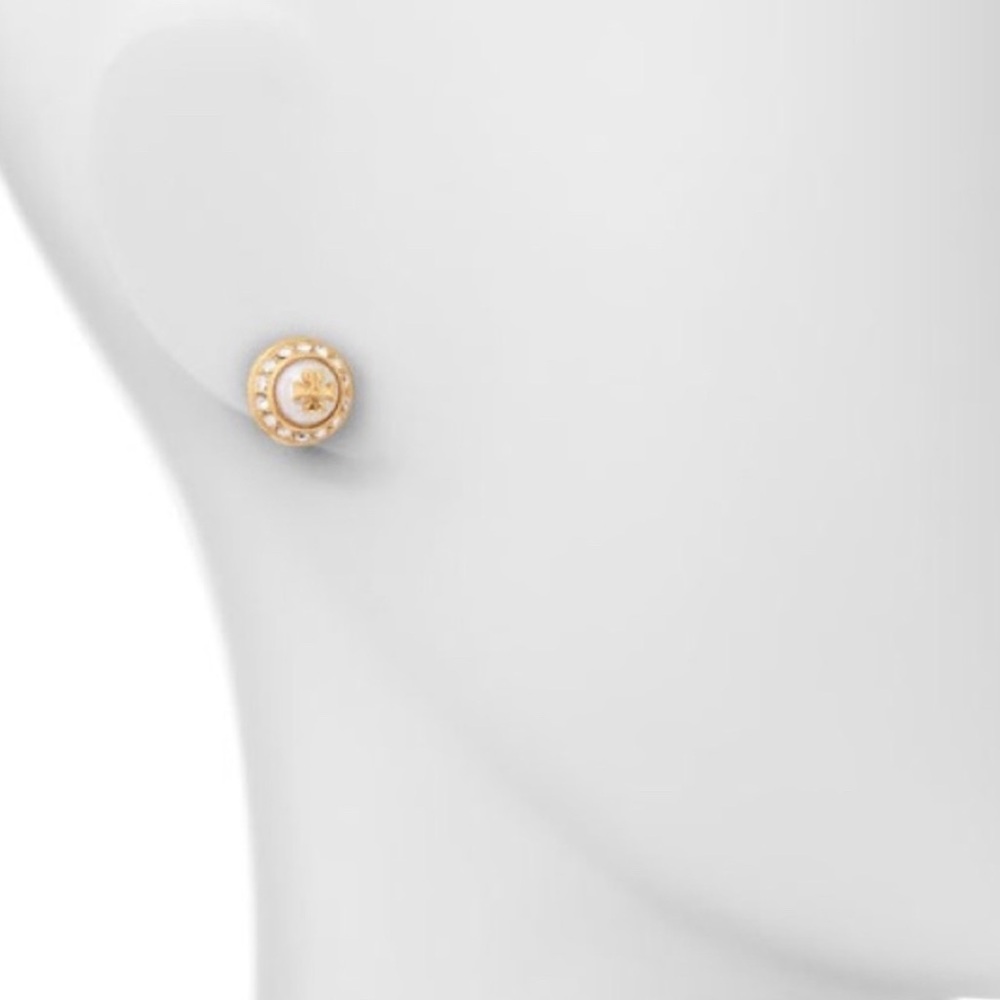 New Tory Burch Natalie Gold Pearl Stud Earrings - Picture 3 of 5
